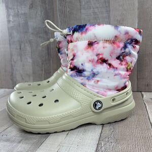 Crocs Classic Lined Neo Puff Tie Dye Boot Pull On Women's Size 6 Bone Beige Pink